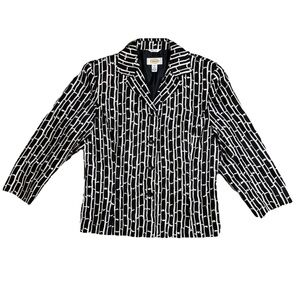 TALBOTS 100% Silk Black White 3/4 Sleeve Women Blazer Jacket SZ 10 Bamboo Print